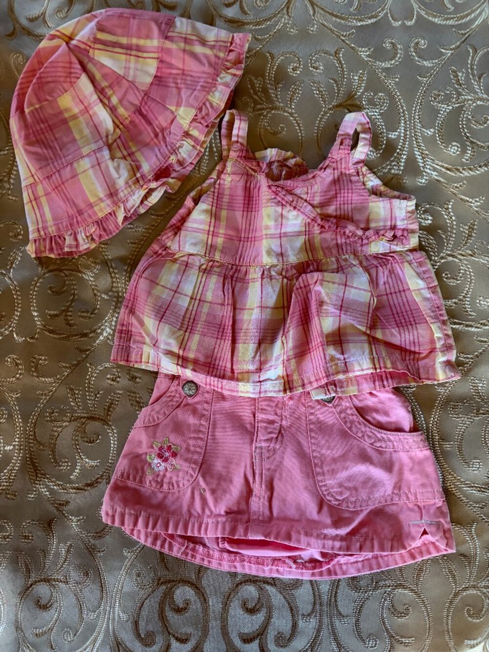 Cherokee Pink and yellow plaid tank and pink skort with matching hat, size 12 mo